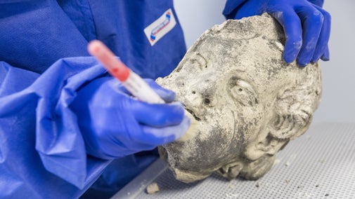 A close-up of gloved hands cleaning the broken head of a statue with a brush following the fire at Clandon Park.